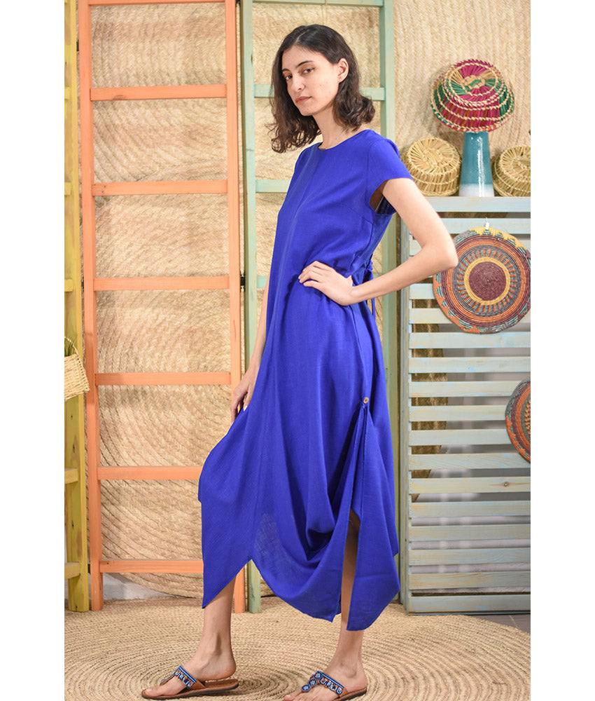 Electric blue Linen Tent Dress With Side Buttons handmade in Egypt & available at Jozee boutique