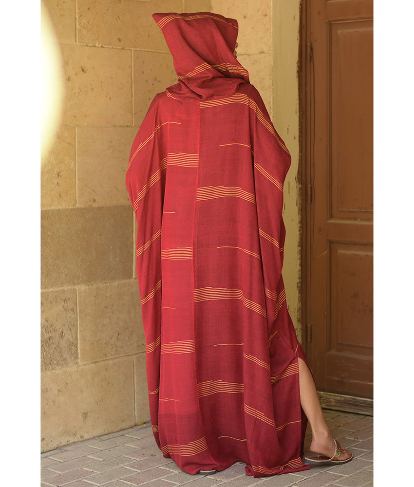 Burgundy & Mustard Stripped Viscose Kaftan with Hoodie handmade in Egypt & available at Jozee Boutique.