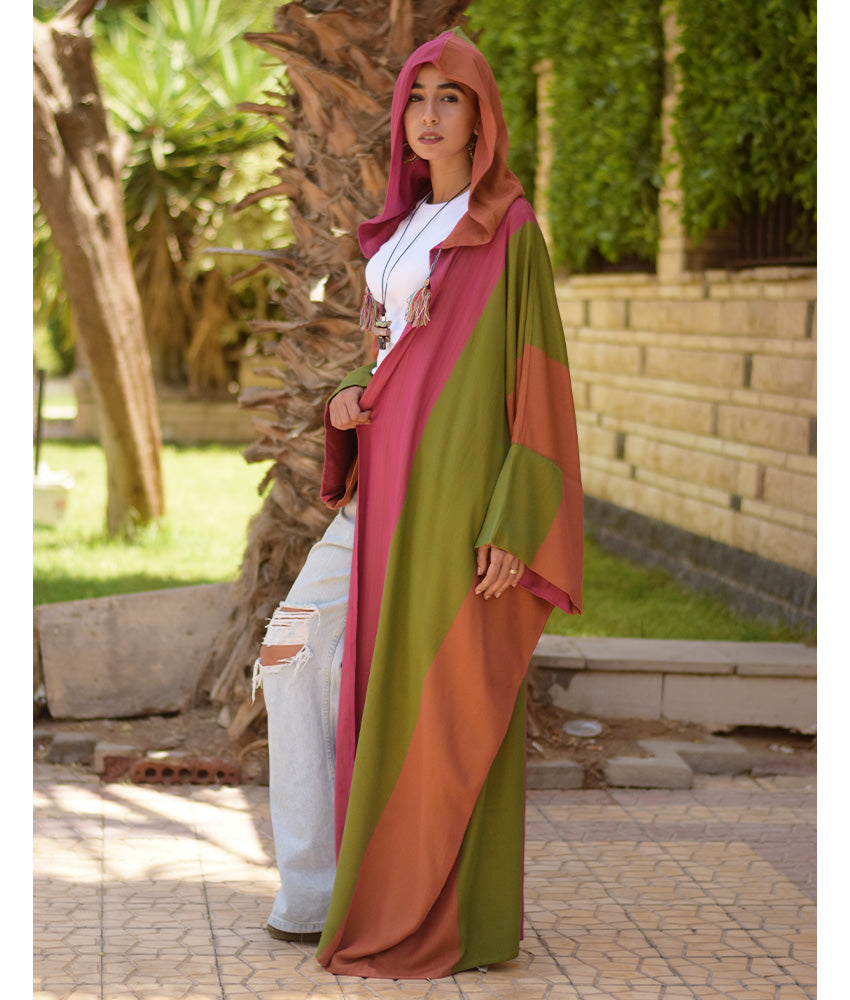 Pink, Green & Orange Viscose Cardigan with Hoodie handmade in Egypt & available at Jozee Boutique.