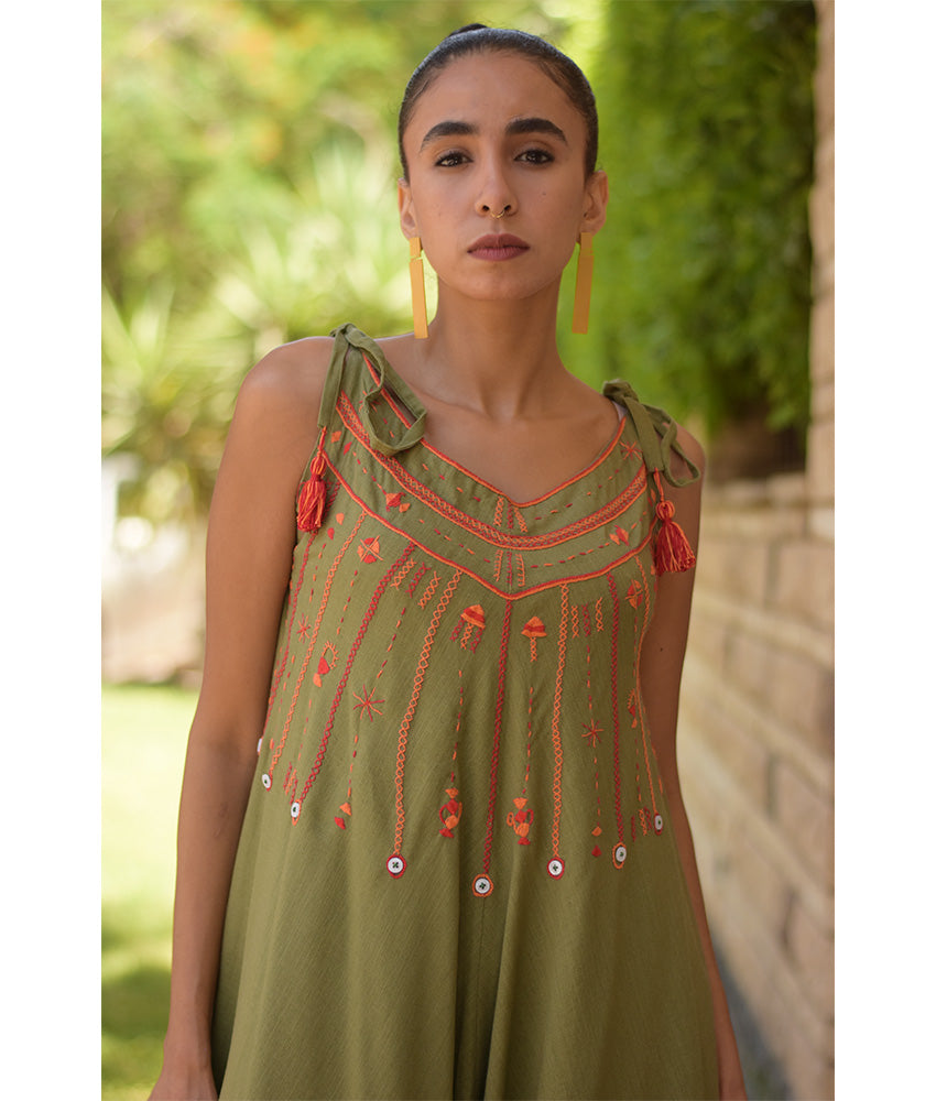Army green Siwa Embroidered Linen Flowy Jumpsuit/Dress handmade in Egypt & available at Jozee Boutique.