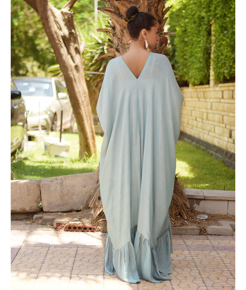 Pale teal Handwoven Ruffle Kaftan handmade in Egypt & available at Jozee boutique