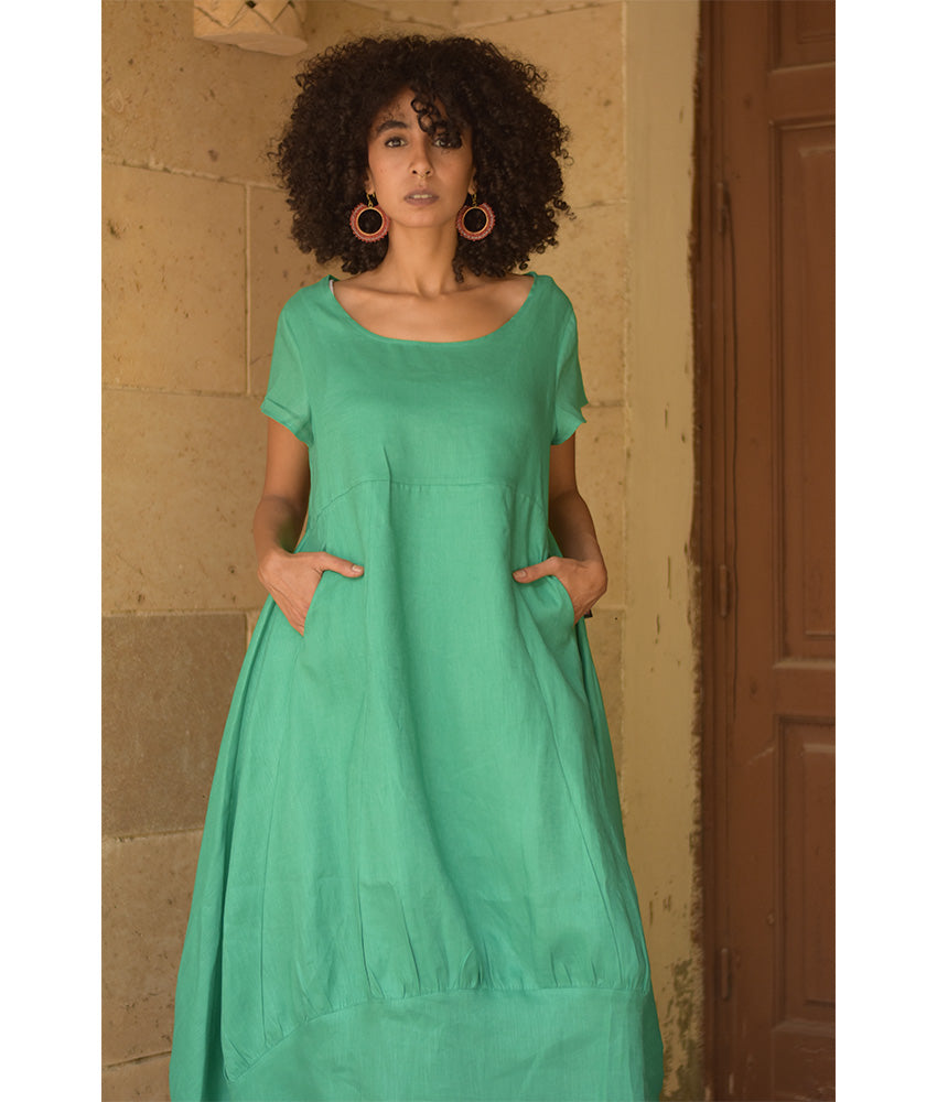 Turquoise Raw Linen Balloon Dress handmade in Egypt & available at Jozee boutique