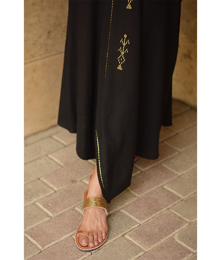 Black Linen Dress with Gold Tally Embroideries handmade in Egypt & available at Jozee boutique