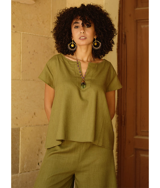 Olive green Linen Relaxed Top handmade in Egypt & available at Jozee boutique