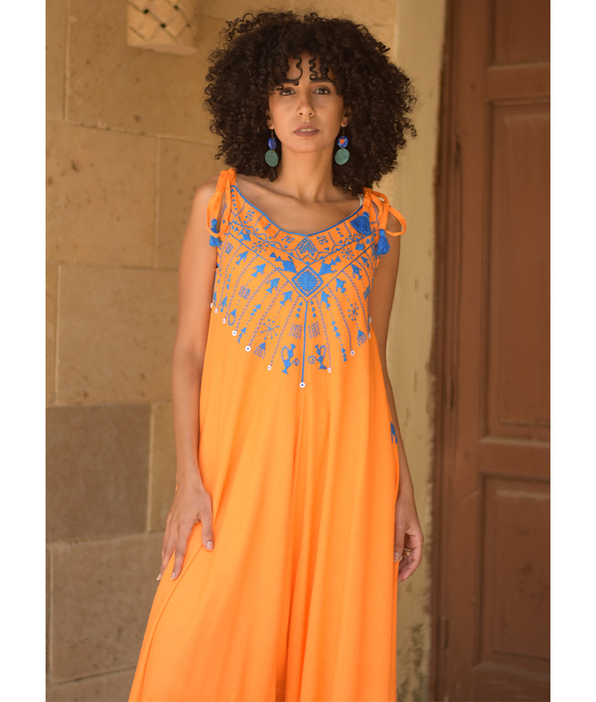 Orange Siwa Embroidered Linen Flowy Jumpsuit/Dress handmade in Egypt & available at Jozee Boutique.