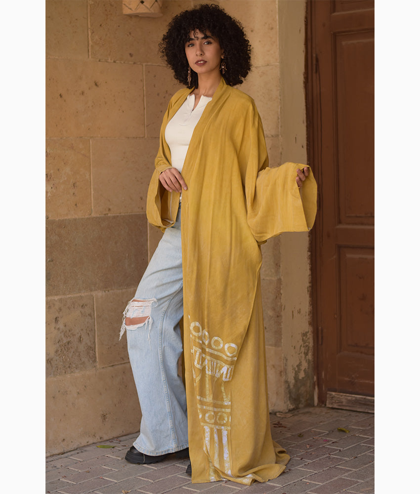Mustard Batik Dyed Nubian Cardigan handmade in Egypt & available at Jozee Boutique.