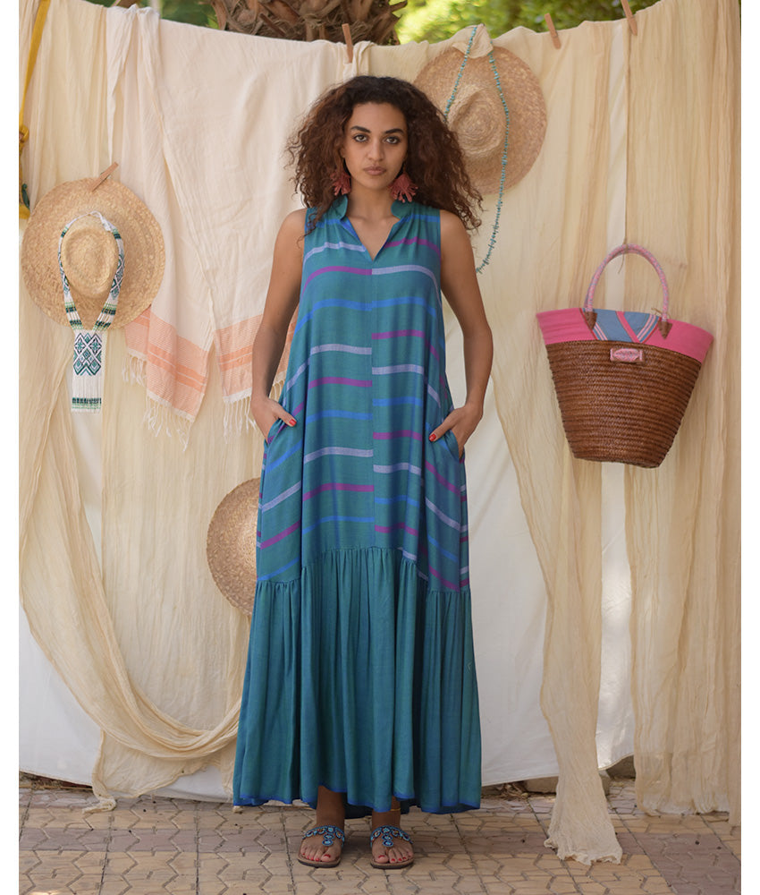 Turquoise Handwoven Ruffle Dress handmade in Egypt & available in Jozee boutique
