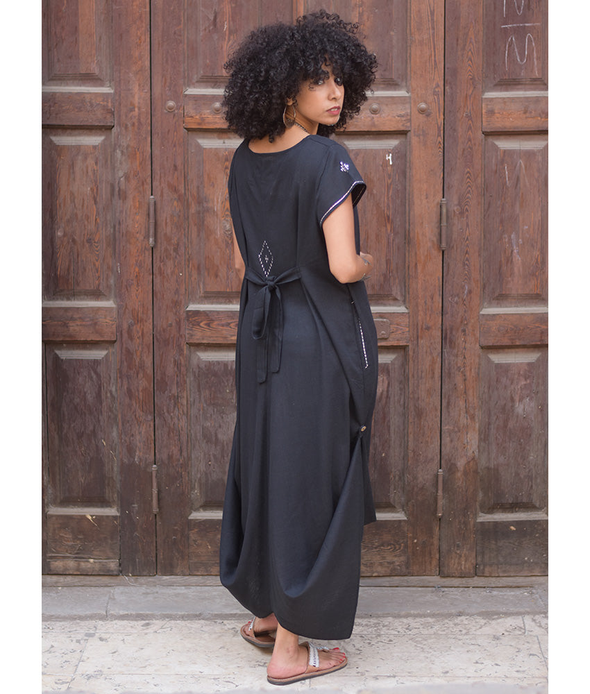 Black Linen Dress with silver Tally Embroideries handmade in Egypt & available at Jozee boutique