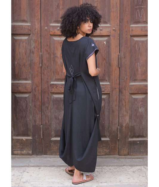 Black Linen Dress with silver Tally Embroideries handmade in Egypt & available at Jozee boutique
