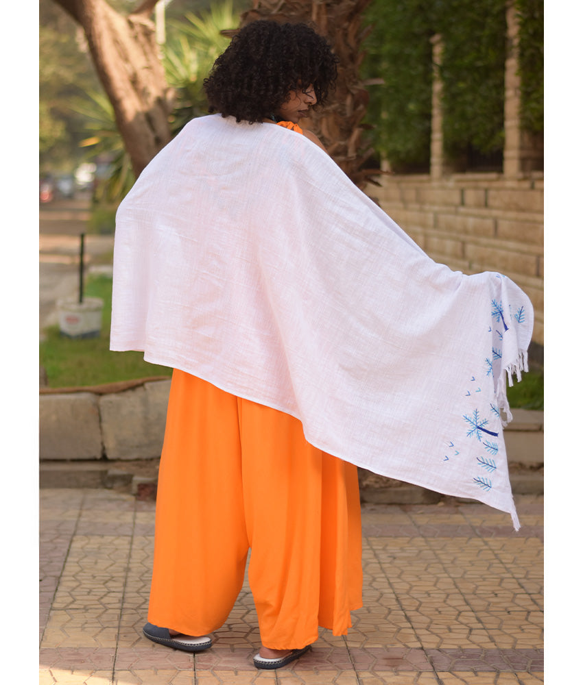 White Embroidered Linen Shawl handmade in Egypt & available at Jozee Boutique.handmade in Egypt & available at Jozee Boutique.