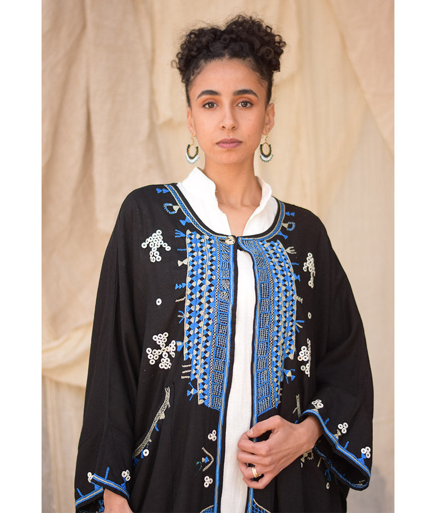 Black Siwa Embroidered Handwoven Linen Cardigan handmade in Egypt & available at Jozee Boutique.