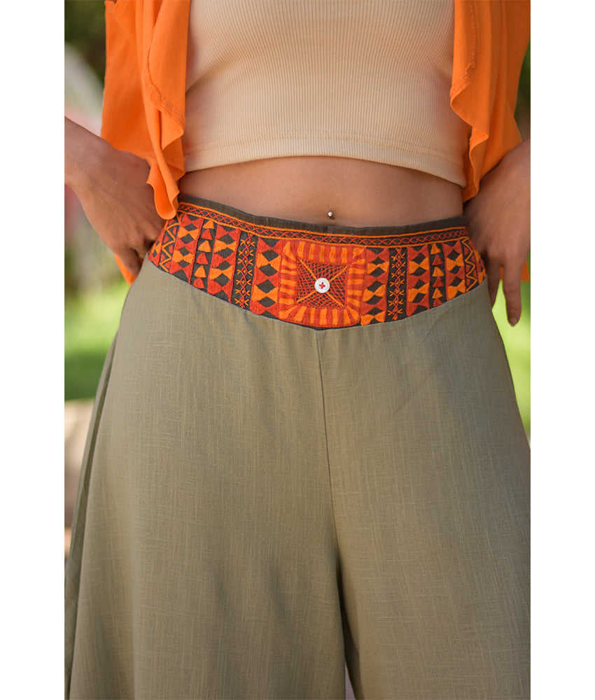 Light Olive Green Siwa Embroidered Flowy Pants handmade in Egypt & available at Jozee Boutique.
