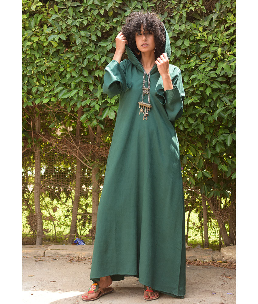 Emerald Green Linen Dress with Hoodie handmade in Egypt & available at Jozee Boutique.
