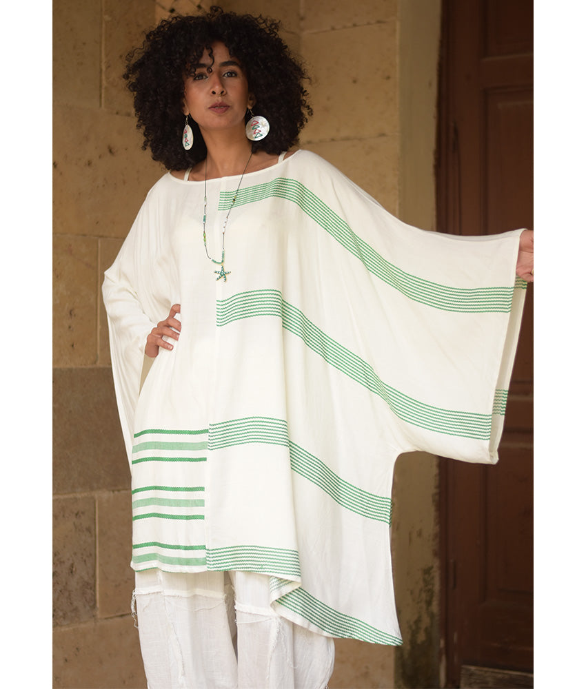 Off white & Green Viscose Midi Dress with Inspired Pattern handmade in Egypt & available at Jozee Boutique.