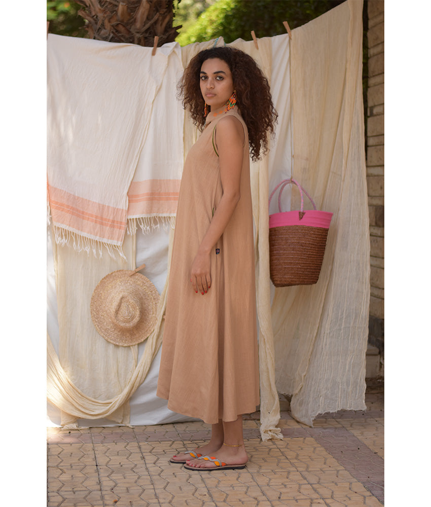 Dark Beige Linen Dress with Hand Embroideries handmade in Egypt & available at Jozee Boutique.