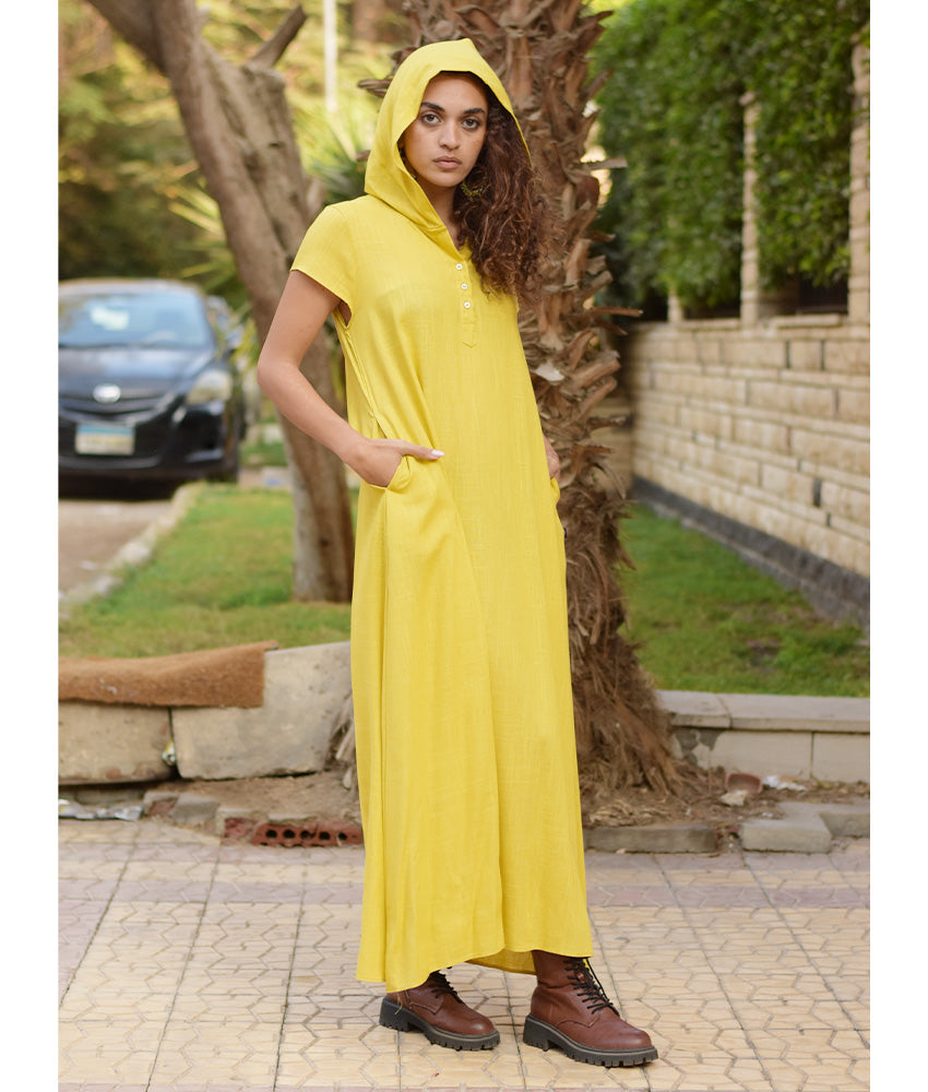 Mustard Linen Dress with Hoodie handmade in Egypt & available at Jozee Boutique.