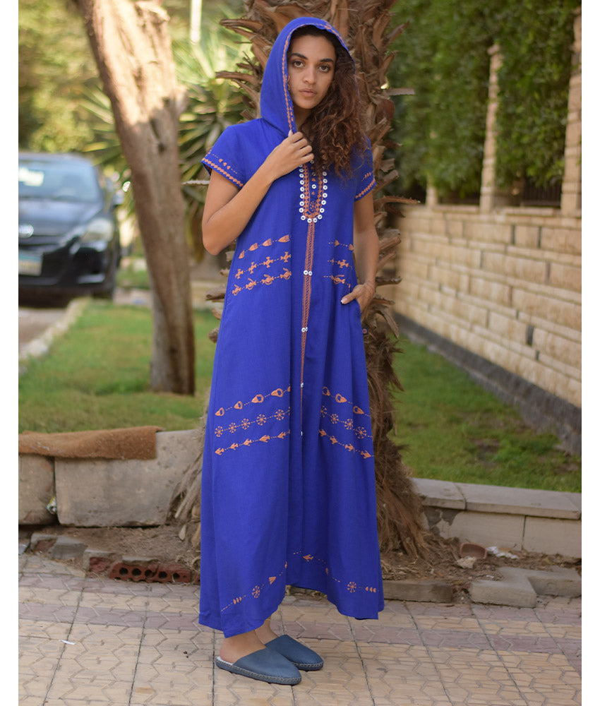Electric Blue Siwa Embroidered Linen Dress with Hoodie handmade in Egypt & available at Jozee Boutique.