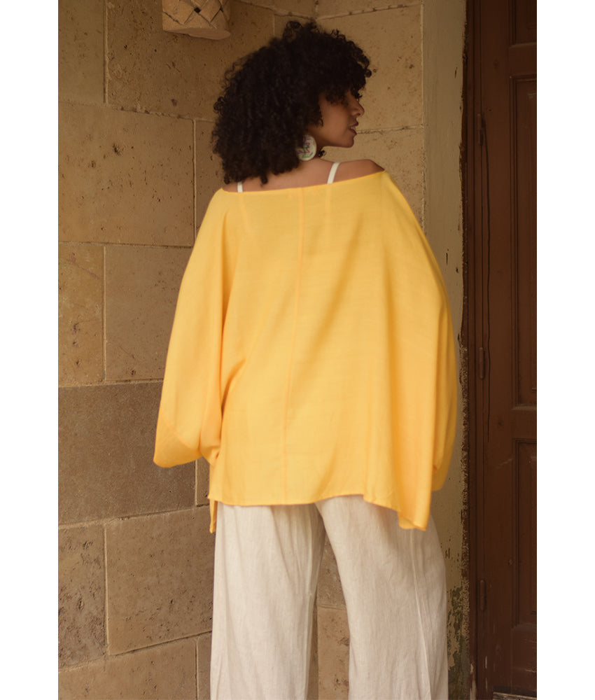 Yellow Viscose Oversized Top with Flowing Silhouette handmade in Egypt & available at Jozee Boutique.