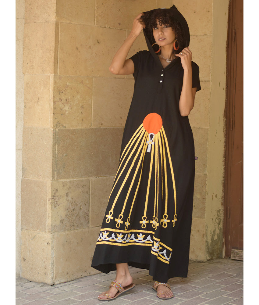 Black Linen Dress with Khyamia Ancient Egyptian Crafts Patchwork handmade in Egypt & available at Jozee Boutique.