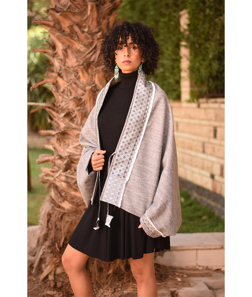 Grey Thin Wool Bolero with Silk & Cotton Loom Woven Patches handmade in Egypt & available at Jozee Boutique.