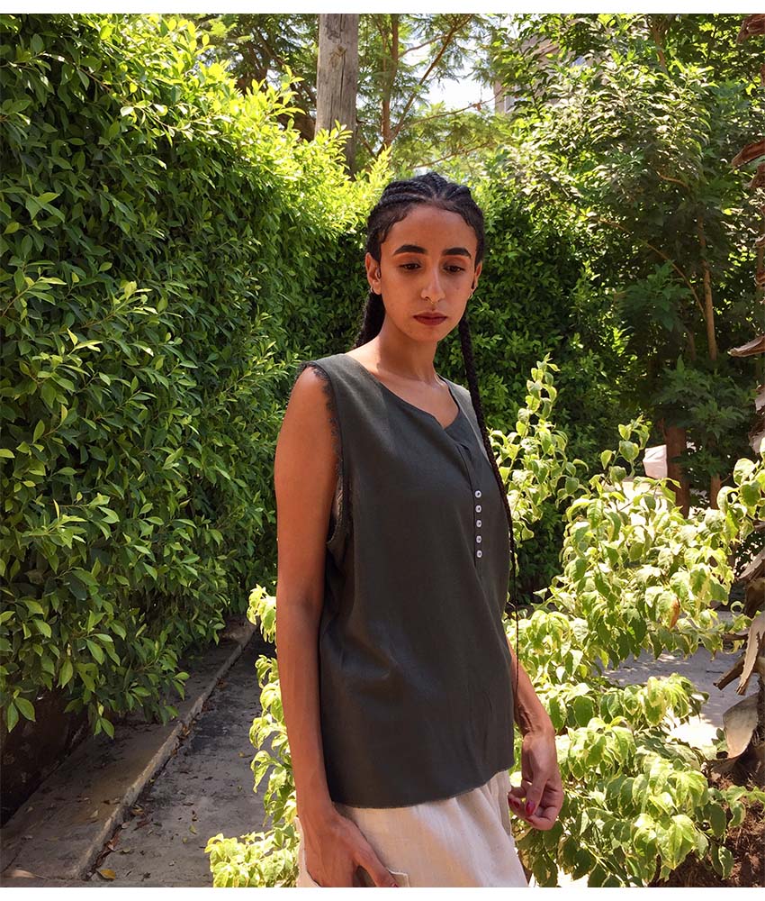 Army Green Linen Top handmade in Egypt & available in Jozee boutique