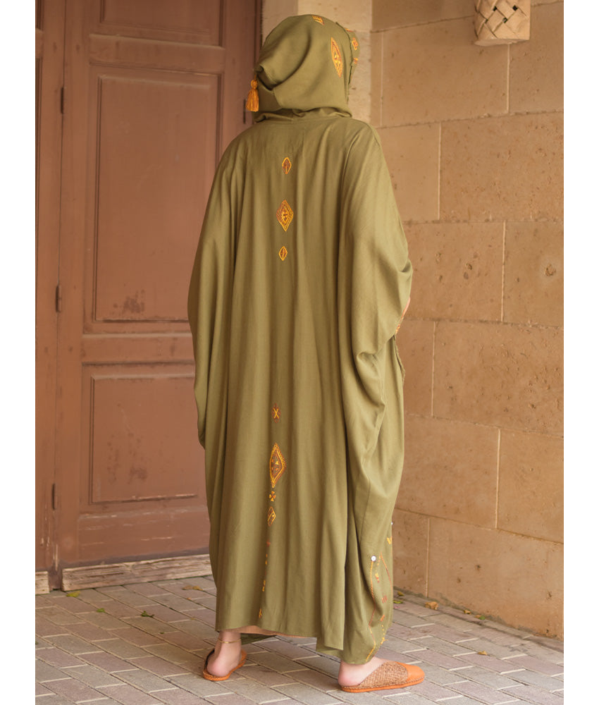 Army green Siwa Embroidered Linen Cardigan/Abaya with Hoodie handmade in Egypt & available at Jozee Boutique.