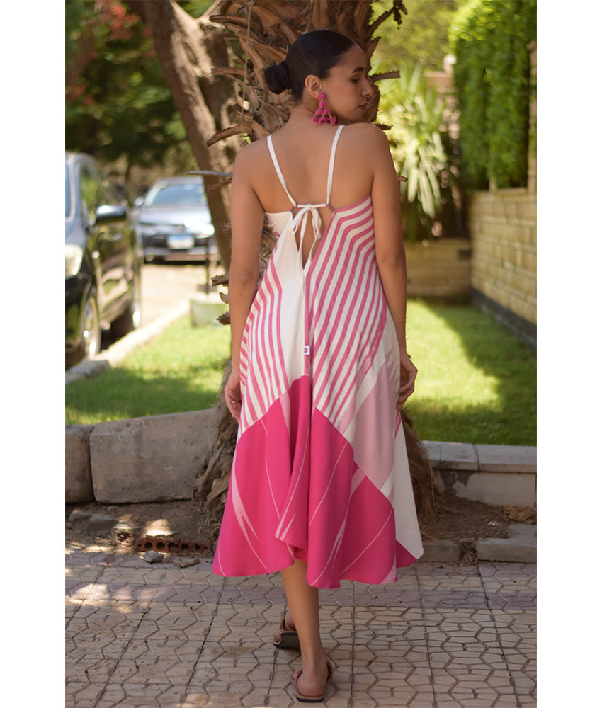Fuchsia & white Backless Viscose Midi Dress made in Egypt & available in Jozee boutique