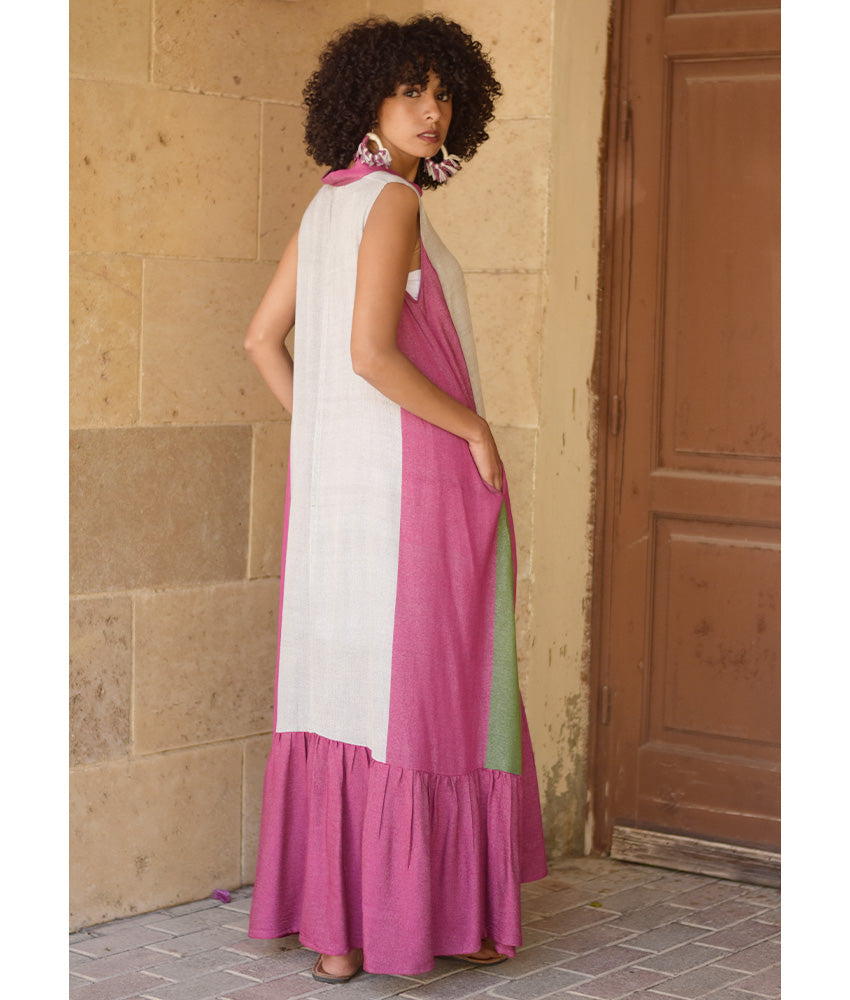Fuchsia Pink & Grey Handwoven Ruffle Dress Handmade in Egypt & available at Jozee Boutique