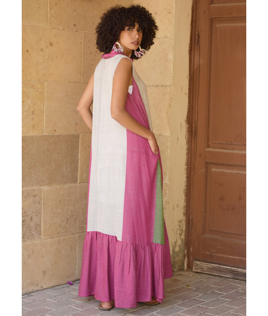 Fuchsia Pink & Grey Handwoven Ruffle Dress Handmade in Egypt & available at Jozee Boutique
