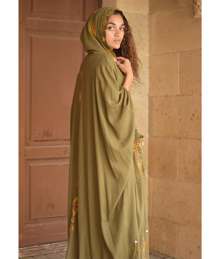 Army green Siwa Embroidered Linen Cardigan/Abaya with Hoodie handmade in Egypt & available at Jozee Boutique.