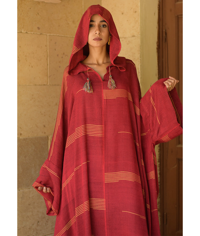 Burgundy & Mustard Stripped Viscose Kaftan with Hoodie handmade in Egypt & available at Jozee Boutique.