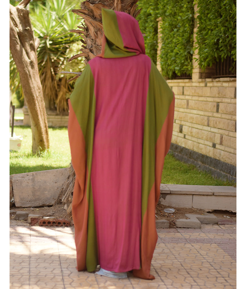 Pink, Green & Orange Viscose Cardigan with Hoodie handmade in Egypt & available at Jozee Boutique.