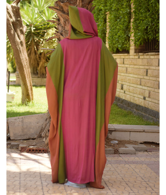 Pink, Green & Orange Viscose Cardigan with Hoodie handmade in Egypt & available at Jozee Boutique.