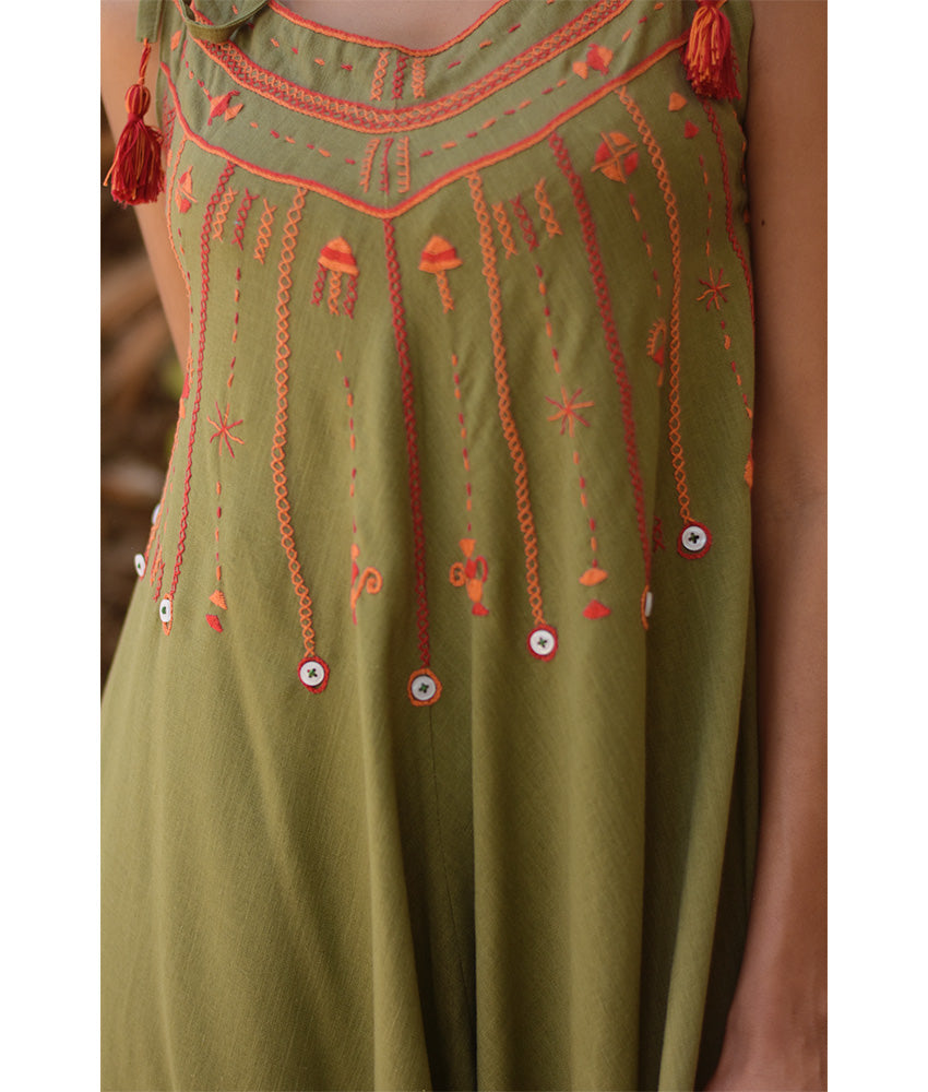Army green Siwa Embroidered Linen Flowy Jumpsuit/Dress handmade in Egypt & available at Jozee Boutique.