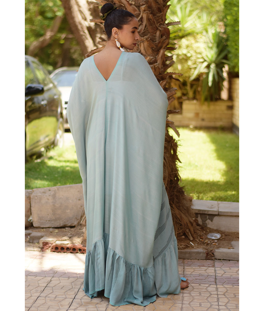 Pale teal Handwoven Ruffle Kaftan handmade in Egypt & available at Jozee boutique
