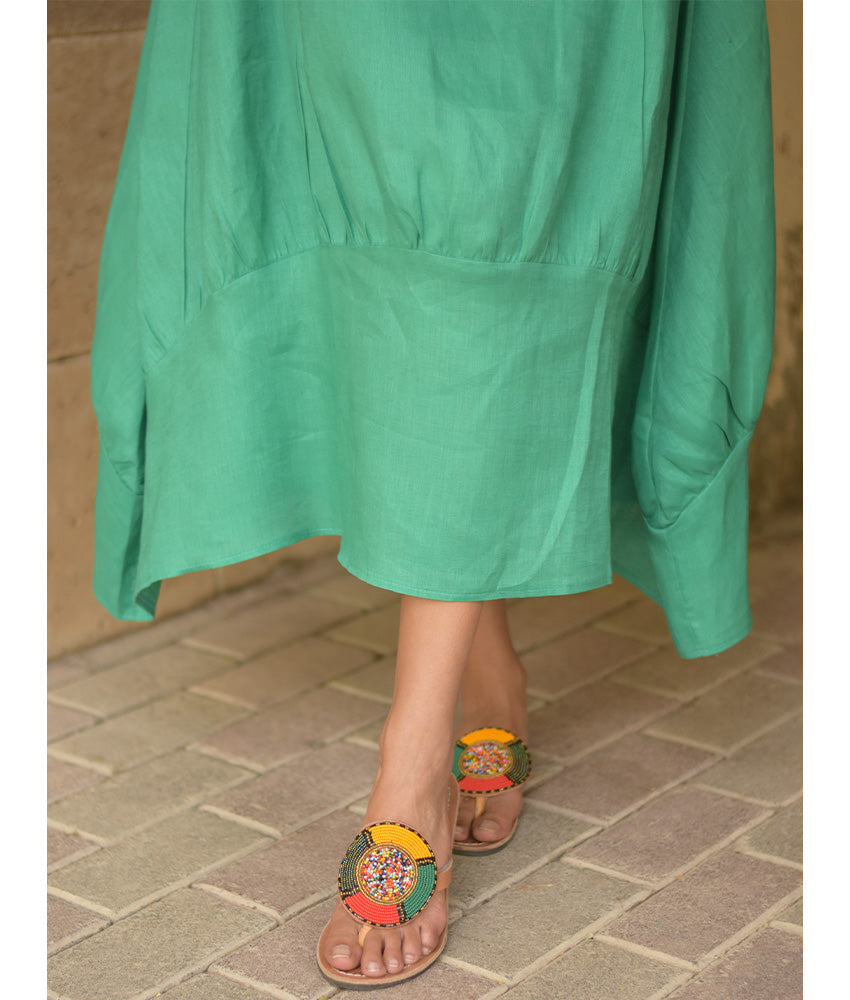 Turquoise Raw Linen Balloon Dress handmade in Egypt & available at Jozee boutique