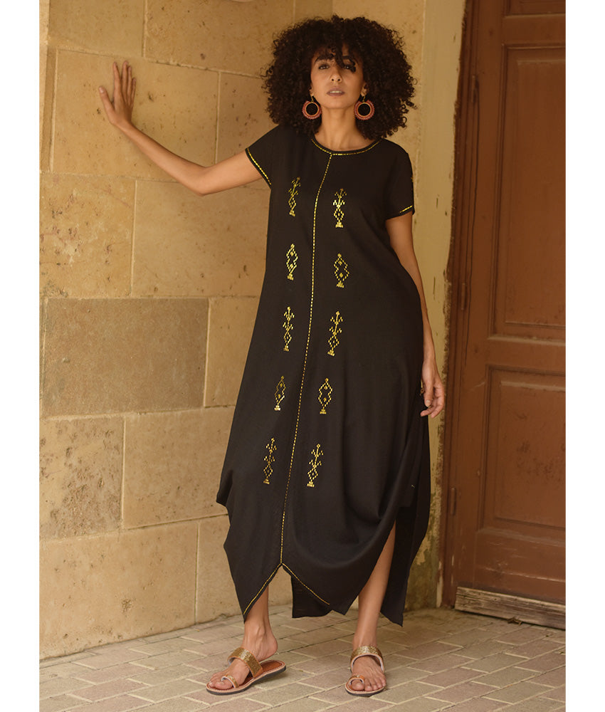 Black Linen Dress with Gold Tally Embroideries handmade in Egypt & available at Jozee boutique