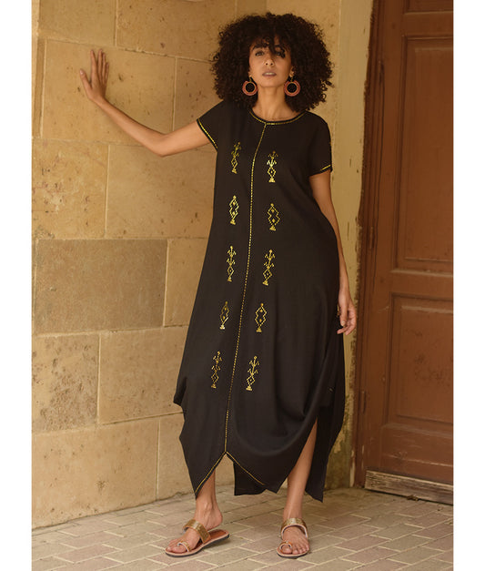 Black Linen Dress with Gold Tally Embroideries handmade in Egypt & available at Jozee boutique