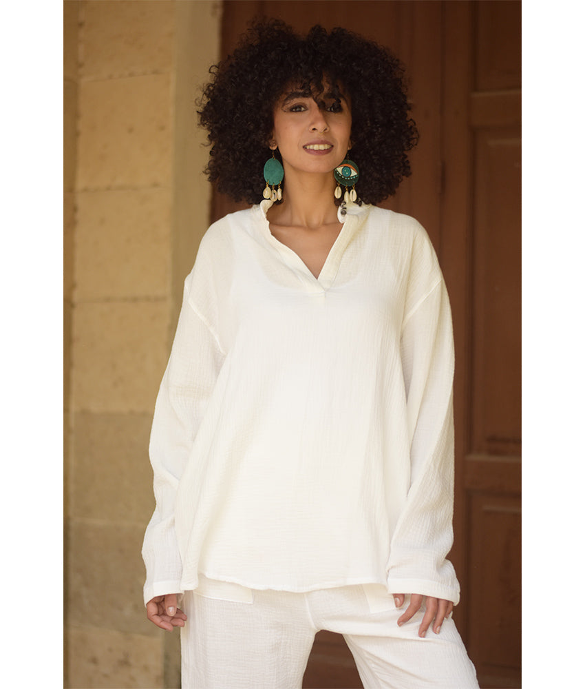 White Cotton Textured Oversized Top handmade in Egypt & available at Jozee boutique