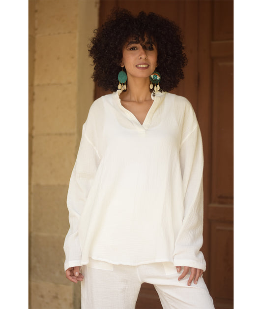 White Cotton Textured Oversized Top handmade in Egypt & available at Jozee boutique