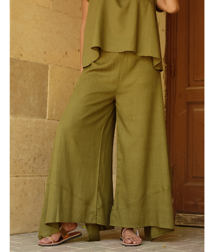 Olive green Linen Draped Wide-Leg Pants handmade in Egypt & available in Jozee boutique