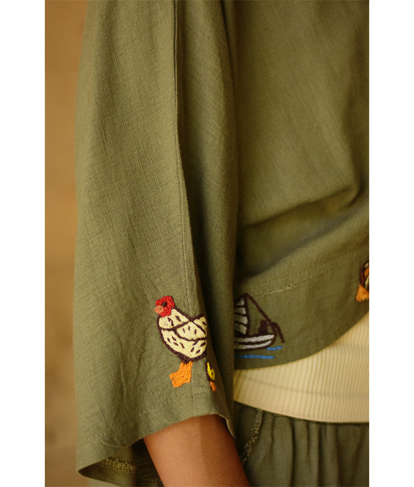 Olive Embroidered Linen Cotton Mix Bolero/Top & Pants Set handmade in Egypt & available in Jozee boutique