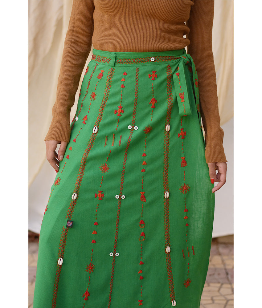 Green Siwa Embroidered Linen Wrap Skirt handmade in Egypt & available at Jozee Boutique.