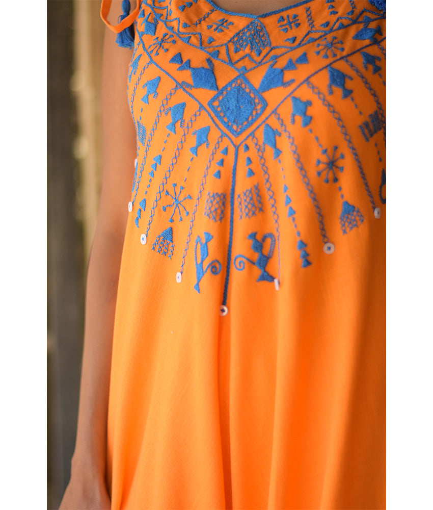 Orange Siwa Embroidered Linen Flowy Jumpsuit/Dress handmade in Egypt & available at Jozee Boutique.