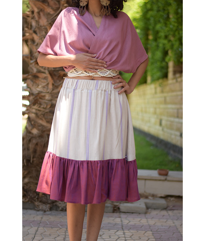 Beige & Purple Handwoven Short Ruffle Skirt handmade in Egypt & available at Jozee Boutique.