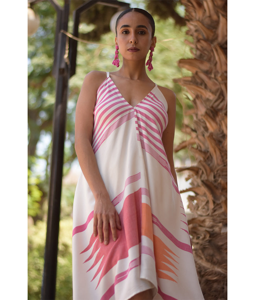 Fuchsia & white Backless Viscose Midi Dress made in Egypt & available in Jozee boutique