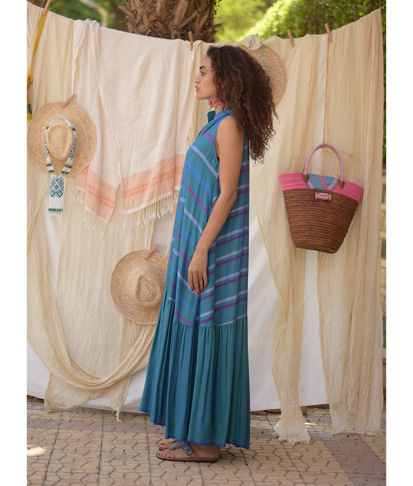 Turquoise Handwoven Ruffle Dress handmade in Egypt & available in Jozee boutique