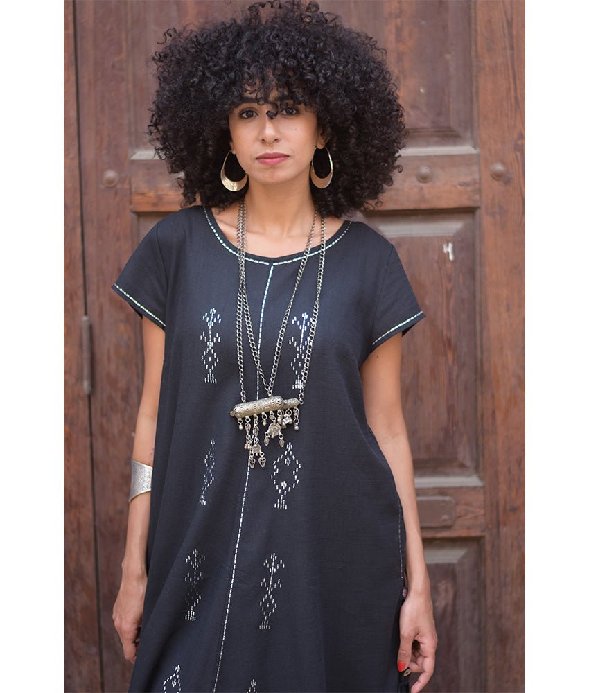 Black Linen Dress with silver Tally Embroideries handmade in Egypt & available at Jozee boutique