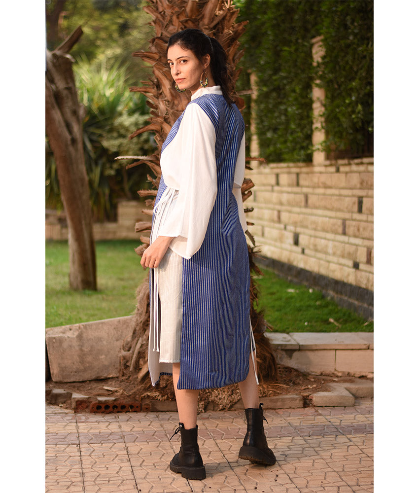 Blue & Silver Silk & Cotton Loom Woven Long Sleeve Tunic handmade in Egypt & available at Jozee Boutique.