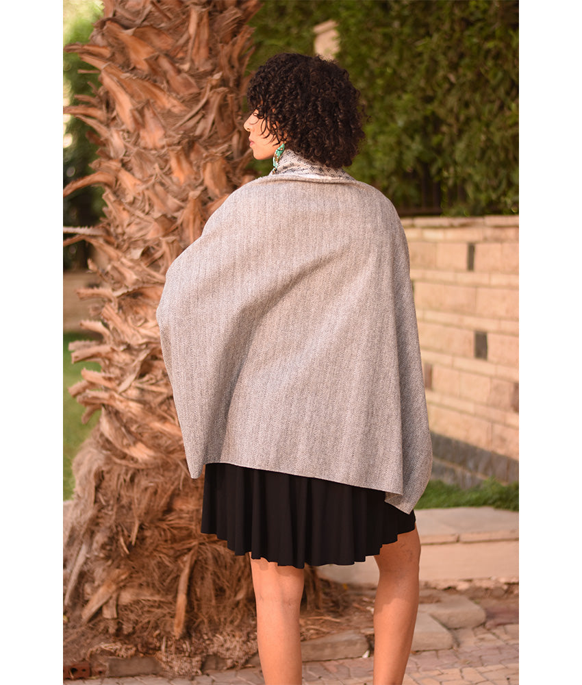 Grey Thin Wool Bolero with Silk & Cotton Loom Woven Patches handmade in Egypt & available at Jozee Boutique.
